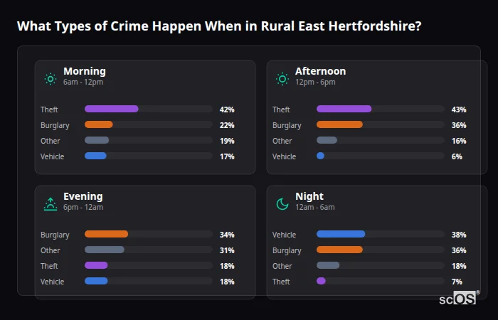 What Types of Crime Happen When in Rural East Hertfordshire? Crime types by time period for Rural East Hertfordshire - showing breakdown of burglary, violence, theft, and vehicle crime by morning, afternoon, evening, and night