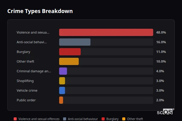 Crime Types Breakdown - Chapel St Leonards Crime Types Breakdown for Chapel St Leonards - showing Violence and sexual offences (48%), Anti-social behaviour (16%), Burglary (11%)