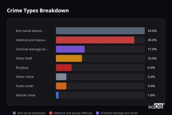 Crime Types Breakdown - Hogsthorpe Crime Types Breakdown for Hogsthorpe - showing Anti-social behaviour (34%), Violence and sexual offences (30%), Criminal damage and arson (11%)