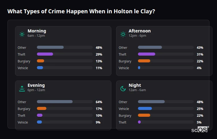 What Types of Crime Happen When in Holton le Clay? Crime types by time period for Holton le Clay - showing breakdown of burglary, violence, theft, and vehicle crime by morning, afternoon, evening, and night