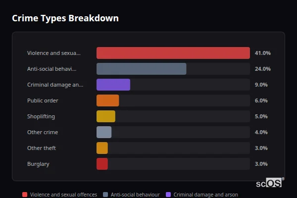 Crime Types Breakdown - Horncastle Crime Types Breakdown for Horncastle - showing Violence and sexual offences (41%), Anti-social behaviour (24%), Criminal damage and arson (9%)
