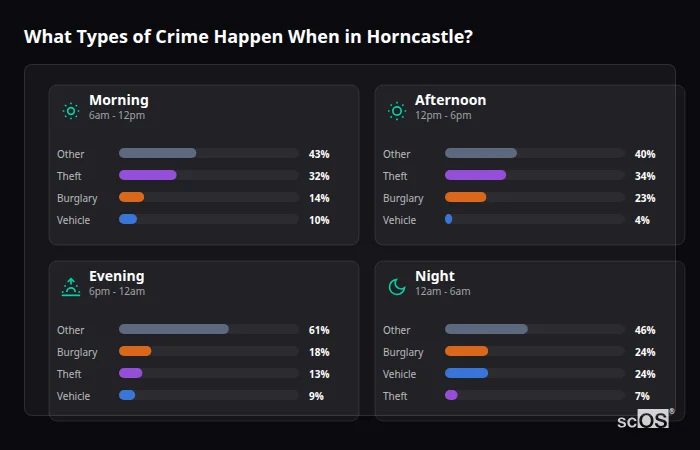 What Types of Crime Happen When in Horncastle? Crime types by time period for Horncastle - showing breakdown of burglary, violence, theft, and vehicle crime by morning, afternoon, evening, and night