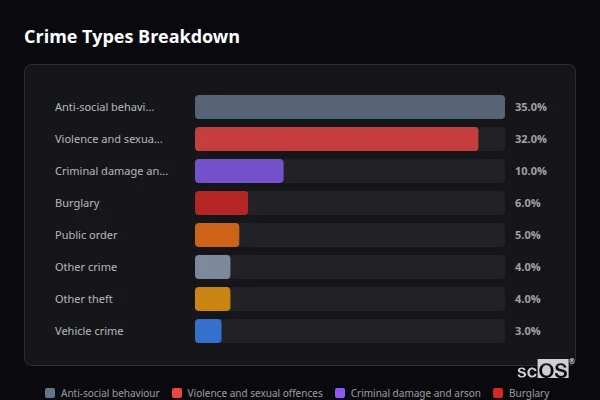 Crime Types Breakdown for North Somercotes - showing Anti-social behaviour (35%), Violence and sexual offences (32%), Criminal damage and arson (10%)