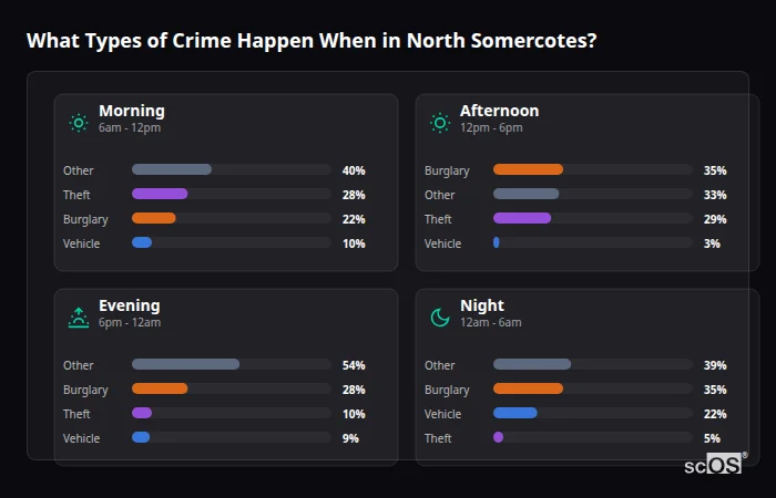 Crime types by time period for North Somercotes - showing breakdown of burglary, violence, theft, and vehicle crime by morning, afternoon, evening, and night