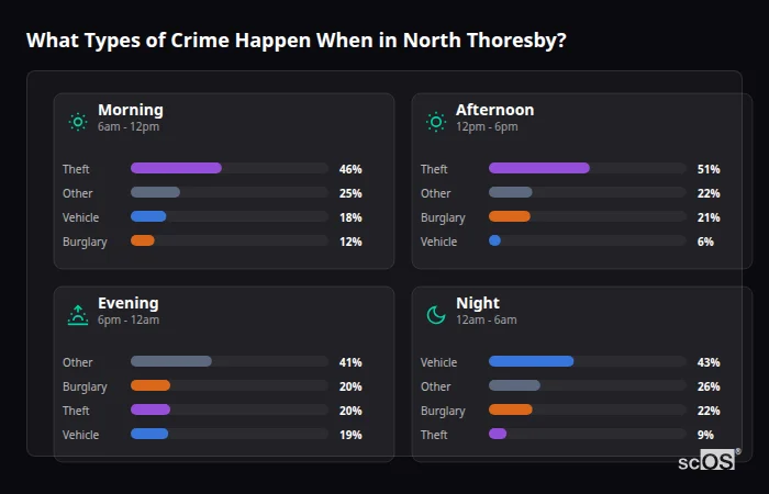 What Types of Crime Happen When in North Thoresby? Crime types by time period for North Thoresby - showing breakdown of burglary, violence, theft, and vehicle crime by morning, afternoon, evening, and night
