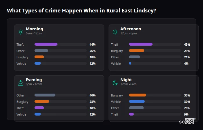 Crime types by time period for Rural East Lindsey - showing breakdown of burglary, violence, theft, and vehicle crime by morning, afternoon, evening, and night