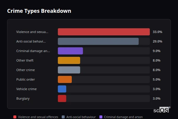 Crime Types Breakdown for Sibsey - showing Violence and sexual offences (33%), Anti-social behaviour (29%), Criminal damage and arson (9%)