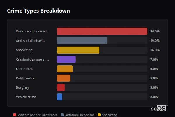 Crime Types Breakdown - Skegness Crime Types Breakdown for Skegness - showing Violence and sexual offences (34%), Anti-social behaviour (19%), Shoplifting (16%)
