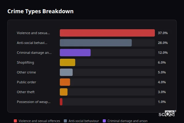 Crime Types Breakdown - Spilsby Crime Types Breakdown for Spilsby - showing Violence and sexual offences (37%), Anti-social behaviour (28%), Criminal damage and arson (12%)