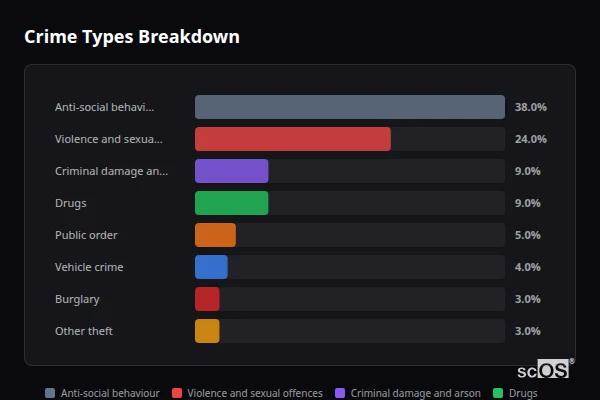 Crime Types Breakdown for Tetney - showing Anti-social behaviour (38%), Violence and sexual offences (24%), Criminal damage and arson (9%)