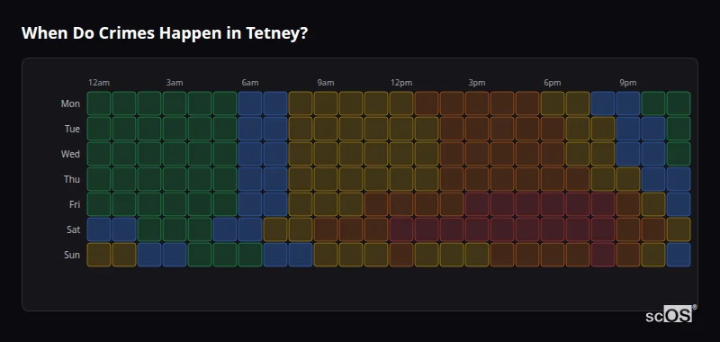 Crime time heatmap for Tetney - showing when crimes are most likely to occur by day and hour