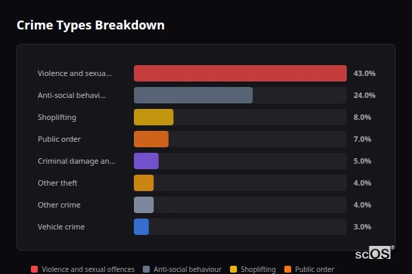 Crime Types Breakdown for Wainfleet All Saints - showing Violence and sexual offences (43%), Anti-social behaviour (24%), Shoplifting (8%)