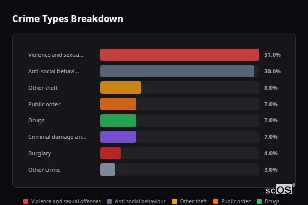 Crime Types Breakdown for Wragby - showing Violence and sexual offences (31%), Anti-social behaviour (30%), Other theft (8%)