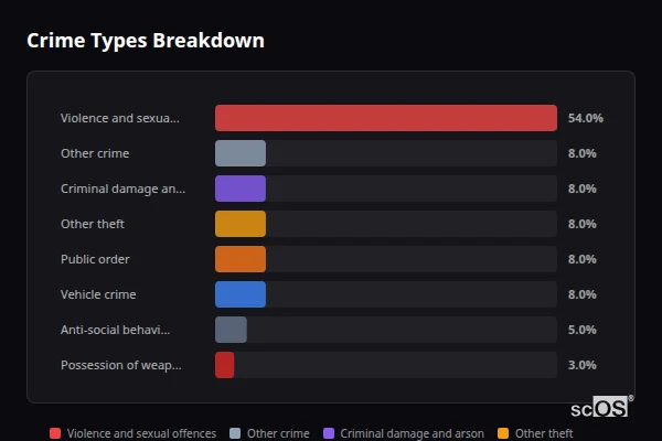 Crime Types Breakdown - Burton Pidsea Crime Types Breakdown for Burton Pidsea - showing Violence and sexual offences (54%), Other crime (8%), Criminal damage and arson (8%)