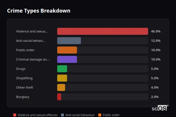 Crime Types Breakdown - Flamborough Crime Types Breakdown for Flamborough - showing Violence and sexual offences (46%), Anti-social behaviour (12%), Public order (10%)