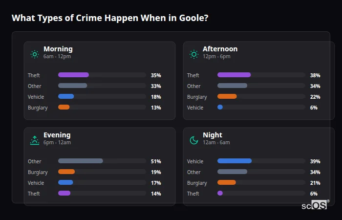 What Types of Crime Happen When in Goole? Crime types by time period for Goole - showing breakdown of burglary, violence, theft, and vehicle crime by morning, afternoon, evening, and night