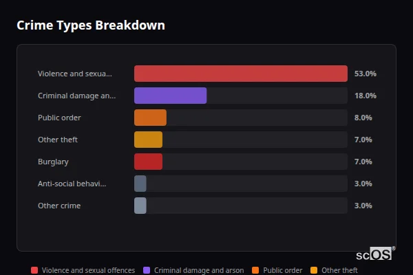 Crime Types Breakdown for Holme upon Spalding Moor - showing Violence and sexual offences (53%), Criminal damage and arson (18%), Public order (8%)