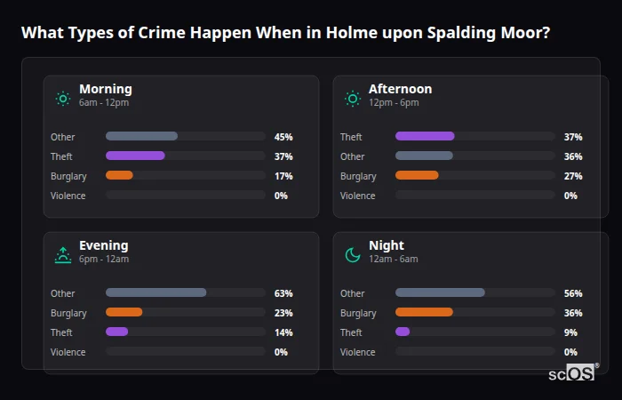 Crime types by time period for Holme upon Spalding Moor - showing breakdown of burglary, violence, theft, and vehicle crime by morning, afternoon, evening, and night