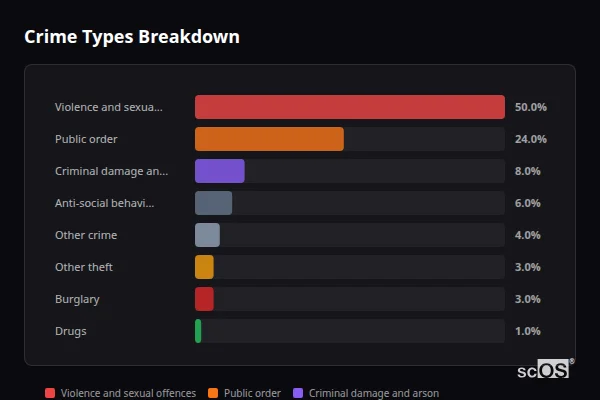 Crime Types Breakdown - Nafferton Crime Types Breakdown for Nafferton - showing Violence and sexual offences (50%), Public order (24%), Criminal damage and arson (8%)