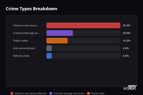 Crime Types Breakdown for North Cave - showing Violence and sexual offences (56%), Criminal damage and arson (20%), Public order (16%)