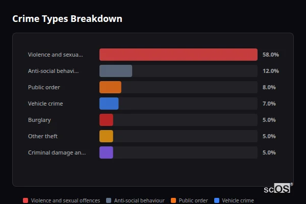 Crime Types Breakdown - North Frodingham Crime Types Breakdown for North Frodingham - showing Violence and sexual offences (58%), Anti-social behaviour (12%), Public order (8%)