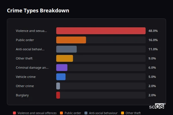 Crime Types Breakdown - Patrington Crime Types Breakdown for Patrington - showing Violence and sexual offences (48%), Public order (16%), Anti-social behaviour (11%)