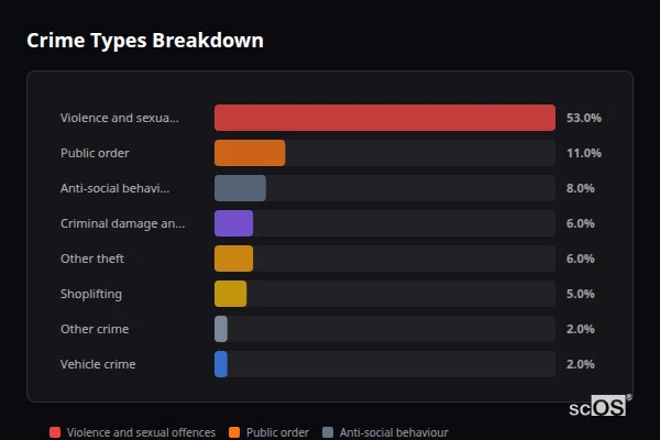 Crime Types Breakdown for Pocklington - showing Violence and sexual offences (53%), Public order (11%), Anti-social behaviour (8%)