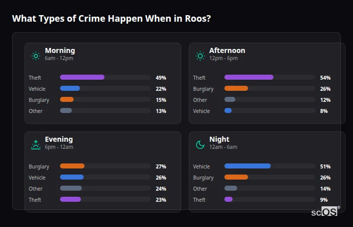 What Types of Crime Happen When in Roos? Crime types by time period for Roos - showing breakdown of burglary, violence, theft, and vehicle crime by morning, afternoon, evening, and night