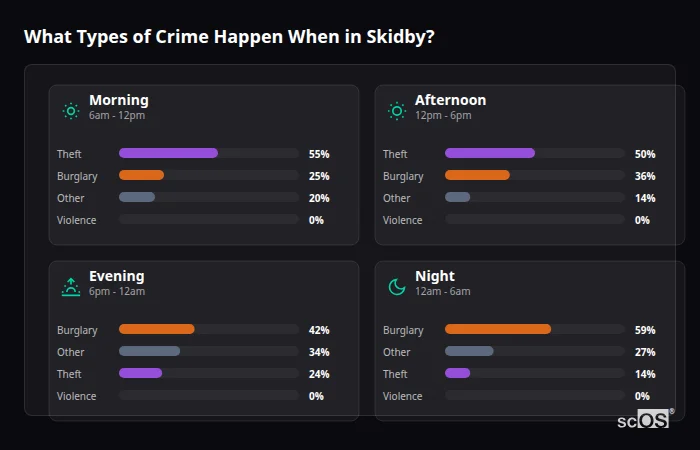 Crime types by time period for Skidby - showing breakdown of burglary, violence, theft, and vehicle crime by morning, afternoon, evening, and night