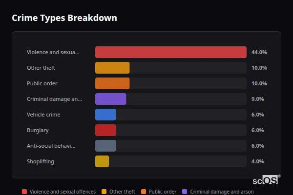 Crime Types Breakdown for Snaith - showing Violence and sexual offences (44%), Other theft (10%), Public order (10%)