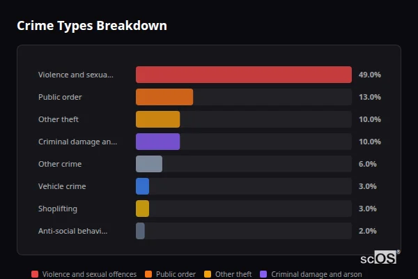 Crime Types Breakdown for South Cave - showing Violence and sexual offences (49%), Public order (13%), Other theft (10%)
