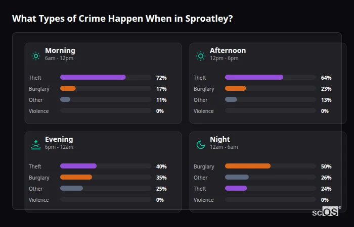 What Types of Crime Happen When in Sproatley? Crime types by time period for Sproatley - showing breakdown of burglary, violence, theft, and vehicle crime by morning, afternoon, evening, and night
