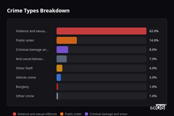 Crime Types Breakdown - Stamford Bridge Crime Types Breakdown for Stamford Bridge - showing Violence and sexual offences (62%), Public order (14%), Criminal damage and arson (8%)