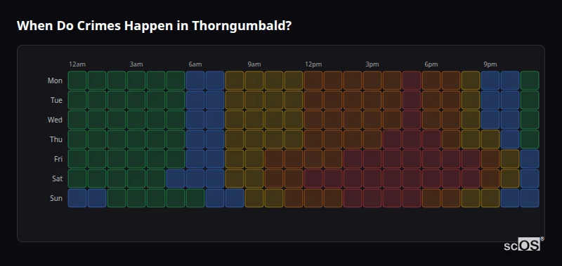 Crime time heatmap for Thorngumbald - showing when crimes are most likely to occur by day and hour