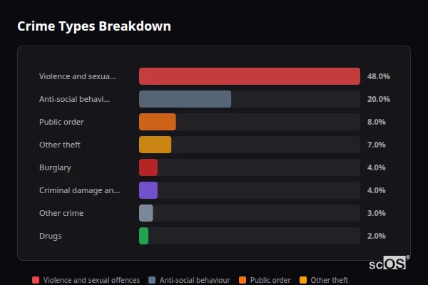Crime Types Breakdown - Rocester Crime Types Breakdown for Rocester - showing Violence and sexual offences (48%), Anti-social behaviour (20%), Public order (8%)