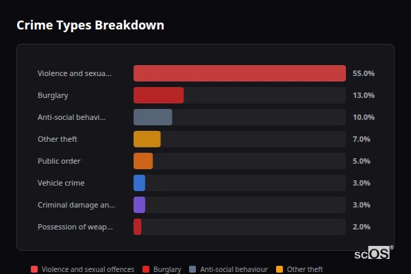 Crime Types Breakdown for Blundeston - showing Violence and sexual offences (55%), Burglary (13%), Anti-social behaviour (10%)