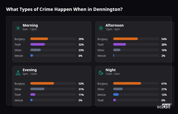 Crime types by time period for Dennington - showing breakdown of burglary, violence, theft, and vehicle crime by morning, afternoon, evening, and night