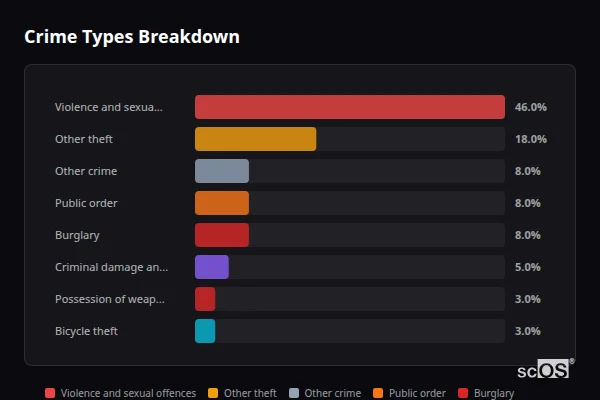 Crime Types Breakdown for Sutton Common - showing Violence and sexual offences (46%), Other theft (18%), Other crime (8%)