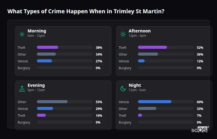Crime types by time period for Trimley St Martin - showing breakdown of burglary, violence, theft, and vehicle crime by morning, afternoon, evening, and night