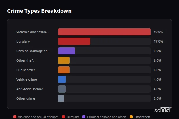 Crime Types Breakdown - Worlingham Crime Types Breakdown for Worlingham - showing Violence and sexual offences (49%), Burglary (17%), Criminal damage and arson (9%)