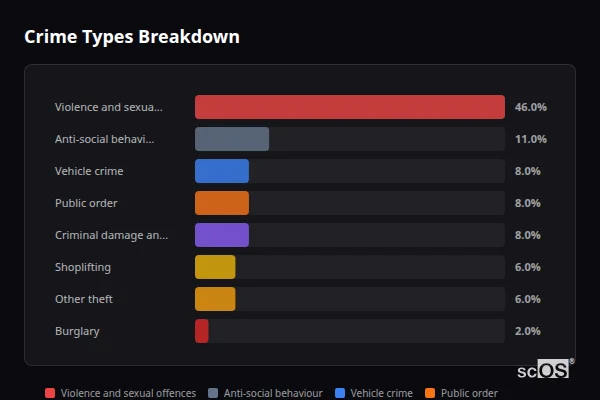 Crime Types Breakdown for Bursledon - showing Violence and sexual offences (46%), Anti-social behaviour (11%), Vehicle crime (8%)