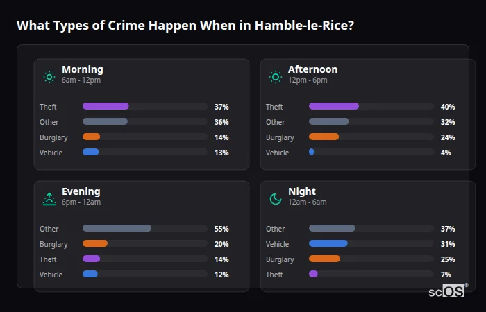 Crime types by time period for Hamble-le-Rice - showing breakdown of burglary, violence, theft, and vehicle crime by morning, afternoon, evening, and night