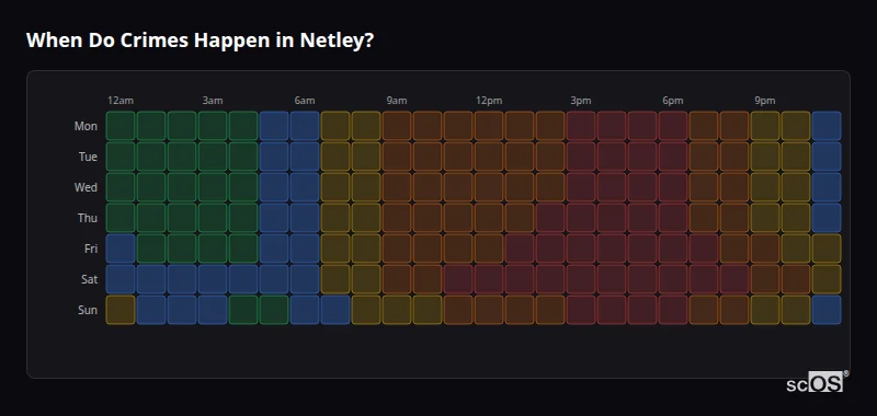 When Do Crimes Happen in Netley? Crime time heatmap for Netley - showing when crimes are most likely to occur by day and hour