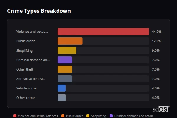 Crime Types Breakdown - Alston Crime Types Breakdown for Alston - showing Violence and sexual offences (44%), Public order (12%), Shoplifting (9%)