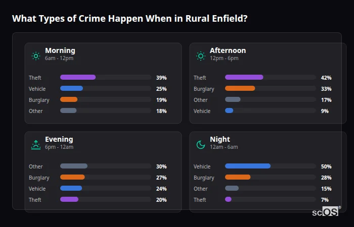 What Types of Crime Happen When in Rural Enfield? Crime types by time period for Rural Enfield - showing breakdown of burglary, violence, theft, and vehicle crime by morning, afternoon, evening, and night