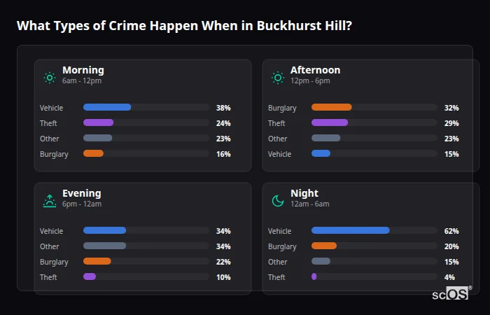 Crime types by time period for Buckhurst Hill - showing breakdown of burglary, violence, theft, and vehicle crime by morning, afternoon, evening, and night