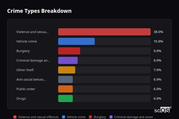 Crime Types Breakdown - Chigwell Crime Types Breakdown for Chigwell - showing Violence and sexual offences (38%), Vehicle crime (15%), Burglary (9%)
