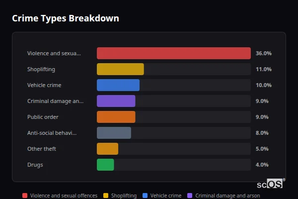 Crime Types Breakdown for Epping - showing Violence and sexual offences (36%), Shoplifting (11%), Vehicle crime (10%)