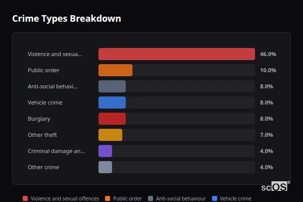 Crime Types Breakdown for Lower Nazeing - showing Violence and sexual offences (46%), Public order (10%), Anti-social behaviour (8%)