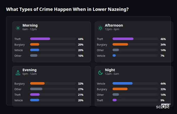 Crime types by time period for Lower Nazeing - showing breakdown of burglary, violence, theft, and vehicle crime by morning, afternoon, evening, and night